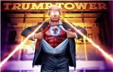 Trump as a superhero with lasers coming out of his eyes