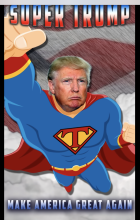  A picture of Trump in a superman costume with a flag in the background