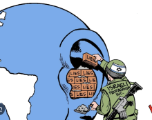 The image shows an Israeli solider placing bricks with "Lies" written on them into an ear. 