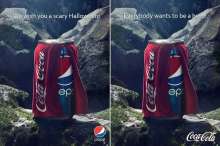 On the left half, Pepsi attacks Coca Cola by describing Coca Cola as scary. On the right hand side Coca Cola fight backs by making Pepsi "want to be a hero"