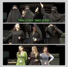 UK far-right group stages anti-immigration protest in London meme about Muslim women wearing hijabs.