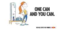 Na slici je prikazana limenka energetskog pića Red Bull uz istaknuti slogan “One can and you can”.