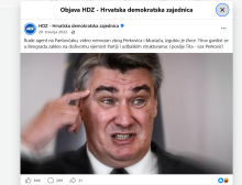 A screenshot of a Facebook post by the political party "HDZ - Hrvatska demokratska zajednica." The post features Croatian text above an unflattering close-up photograph of Zoran Milanović, who is making a strained facial expression while pointing his right index finger directly at his temple.